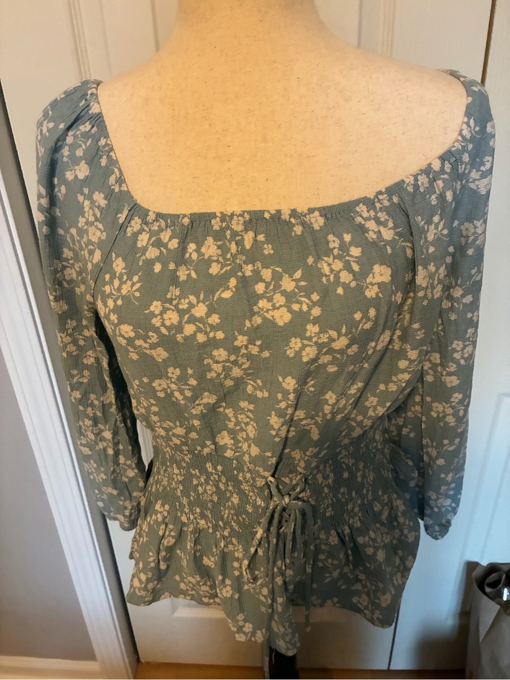 mine Sage Green Floral Smocked Peplum Blouse